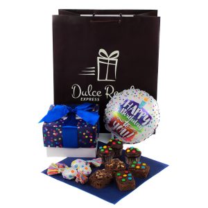 Box de dulces El Cumpleañero de Dulce Regalo. Caja sorpresa con variedad de muffins, brownies y bonobon, globo, ideal como regalo de cumpleaños con entrega a domicilio en Lima.