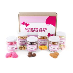 Box de dulces Razones para Quererte de Dulce Regalo. Caja sorpresa con frascos de dulces variados, ideal para parejas con entrega a domicilio en Lima.
