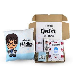 Box El Mejor Doctor de Dulce Regalo. Caja sorpresa con cojín y taza de médico, snack, cerveza y chocolate. Regalo ideal para un médico como agradecimiento con entrega a domicilio en Lima.