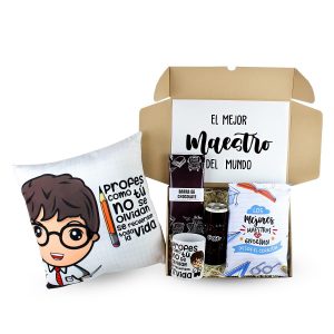 Box El Mejor Profesor de Dulce Regalo. Caja sorpresa con cojín y taza temáticos, snack, chocolate y cerveza. Regalo ideal para un docente como agradecimiento con entrega a domicilio en Lima.