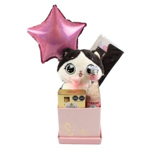 Box Little Kitty para Mujer de Dulce Regalo. Caja sorpresa con temática de gatito, chocolates, bebida pink soda, notas adhesivas. Regalo ideal y tierno para amantes de los gatos con entrega a domicilio en Lima.