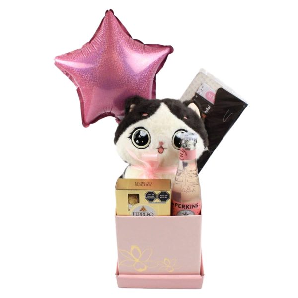 Box Little Kitty para Mujer de Dulce Regalo. Caja sorpresa con temática de gatito, chocolates, bebida pink soda, notas adhesivas. Regalo ideal y tierno para amantes de los gatos con entrega a domicilio en Lima.