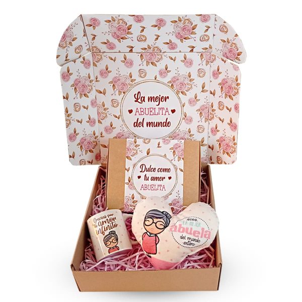 Box La Mejor Abuela del Mundo de Dulce Regalo. Caja con alfajores, taza personalizada y mini peluche corazón. Regalo ideal de confort para abuelas, con entrega a domicilio en Lima.