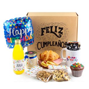 Desayuno sorpresa Feliz Día de Dulce Regalo para cumpleaños. Incluye caja decorada, globo de 'Feliz Cumpleaños', jugo, croissant, taza cumpleañera y dulces, con entrega a domicilio en Lima