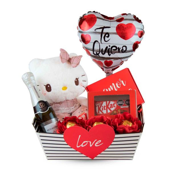 Kitty Love para Mujer de Dulce Regalo. Caja sorpresa con temática de gatito, peluche Hello Kitty, mini espumante, chocolates y globo. Regalo ideal y tierno para expresar amor a una mujer con entrega a domicilio en Lima.