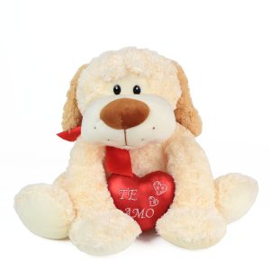 Peluche de perrito Bobby con corazón rojo de Dulce Regalo. Juguete suave y tierno, ideal como regalo para expresar amor o cariño a tu pareja, con entrega a domicilio en Lima.