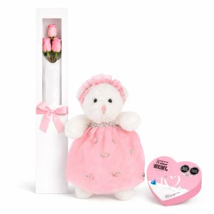 peluche osita con vestido tul con caja de rosas rosadas y chocolate
