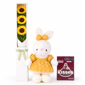 peluche conejita con vestido con caja de girasoles y chocolate